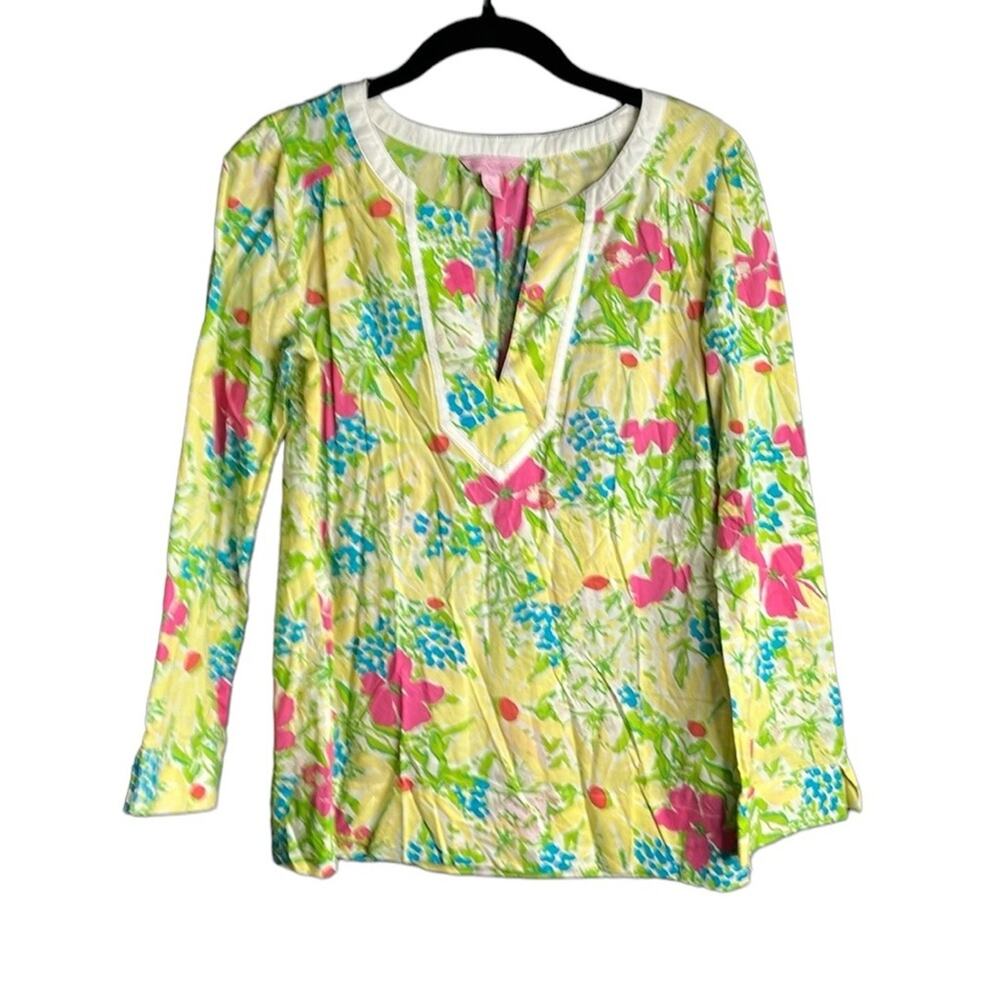 Lilly Pulitzer Yellow and Pink Floral Long Sleeve Tunic With White Trim Sz Small